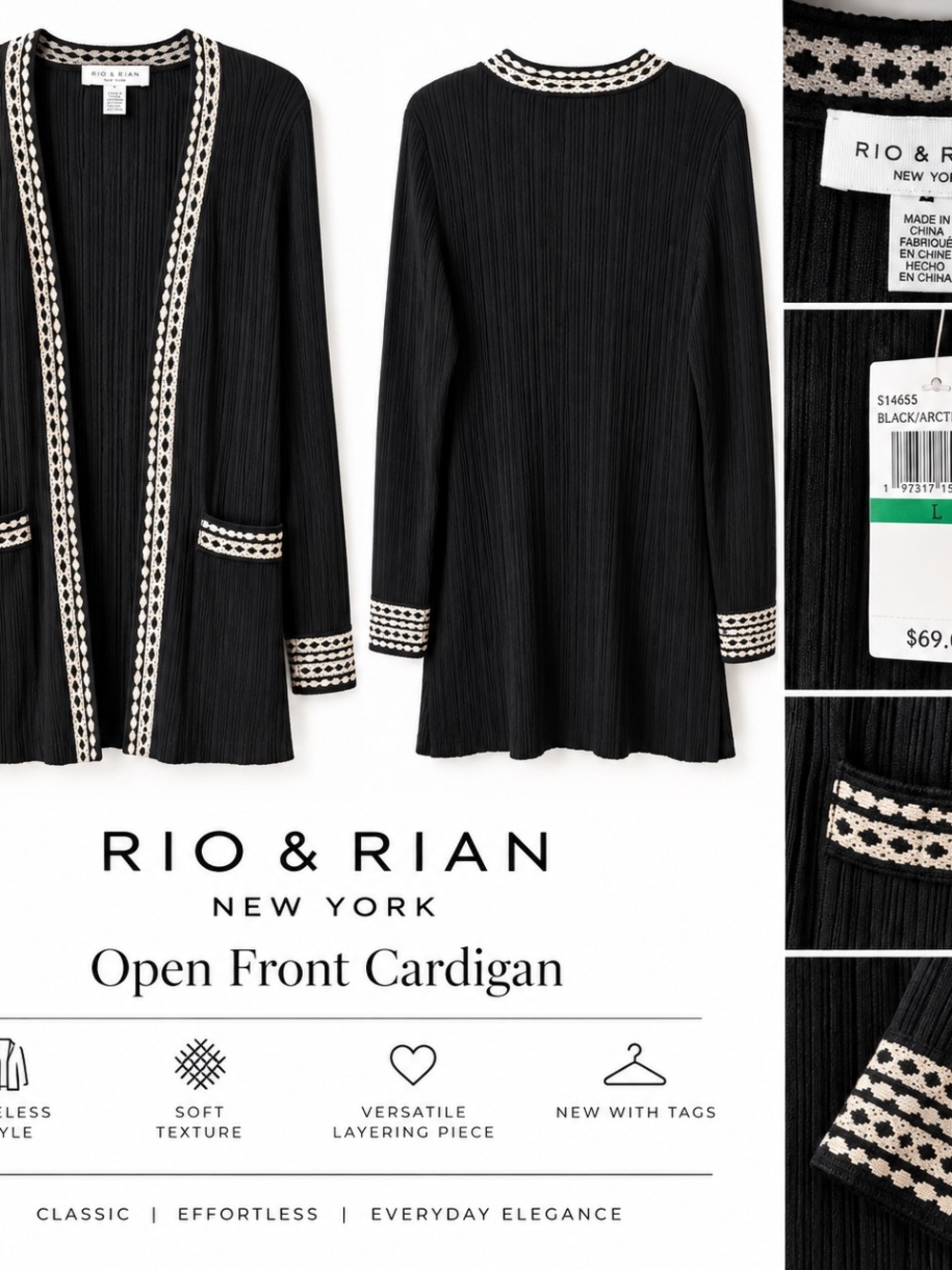 Black Open Front Cardigan with Contrast Trim Rio & Rion L NWT